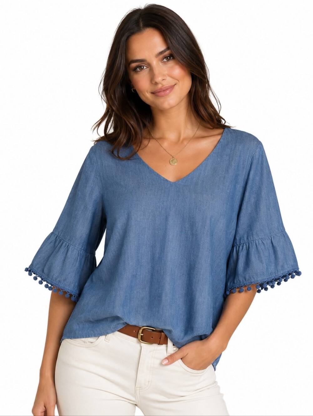 Hester & Orchard Chambray Top Womens L Bell Sleeve‎ Pom Pom Western Boho